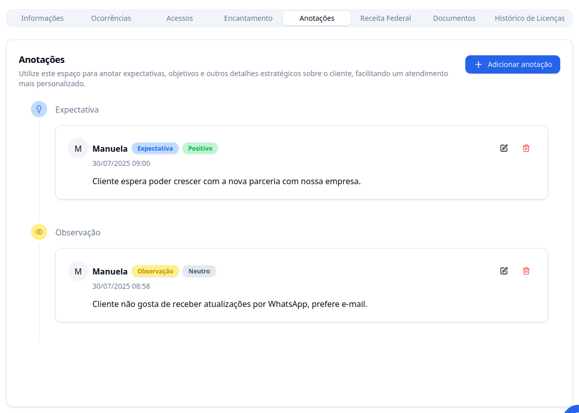 Nova seção de anotações na página do cliente