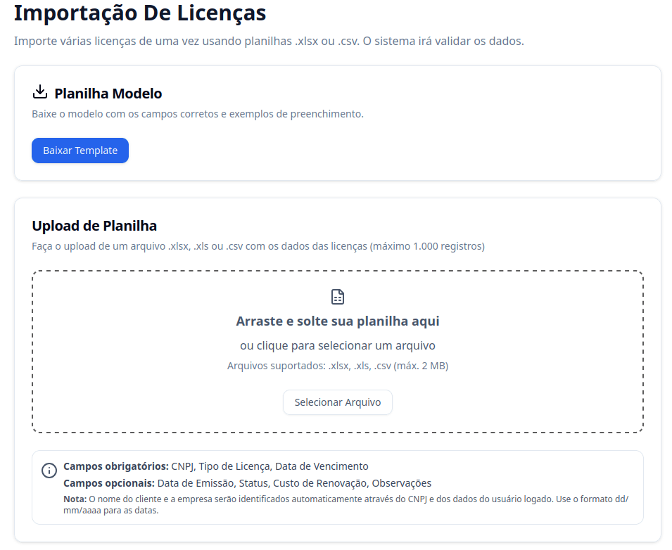 Importar licenças em lote via Excel