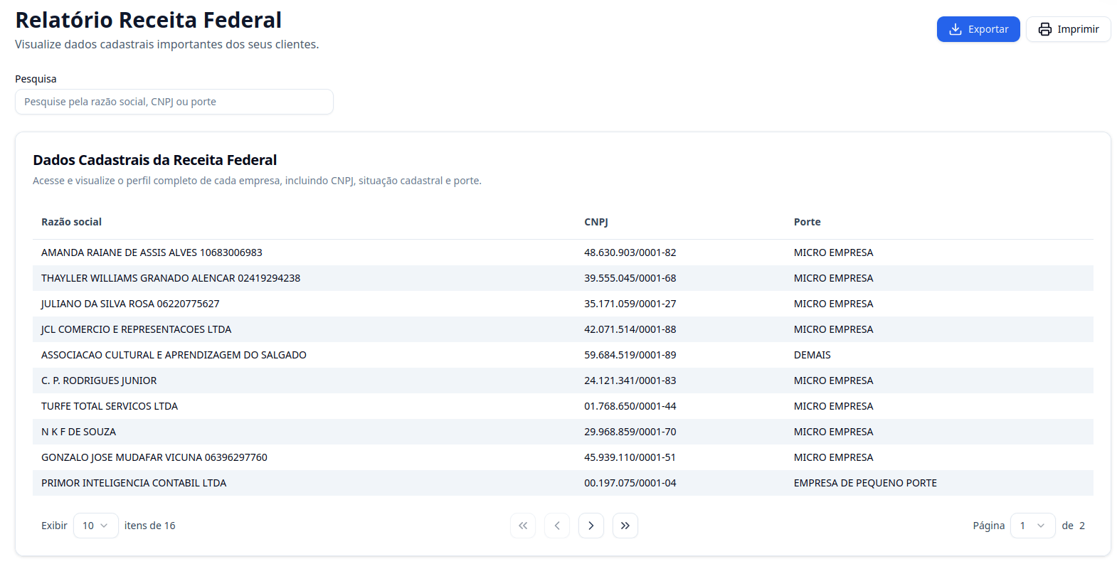 Gerar relatório com os dados CNPJ em lote