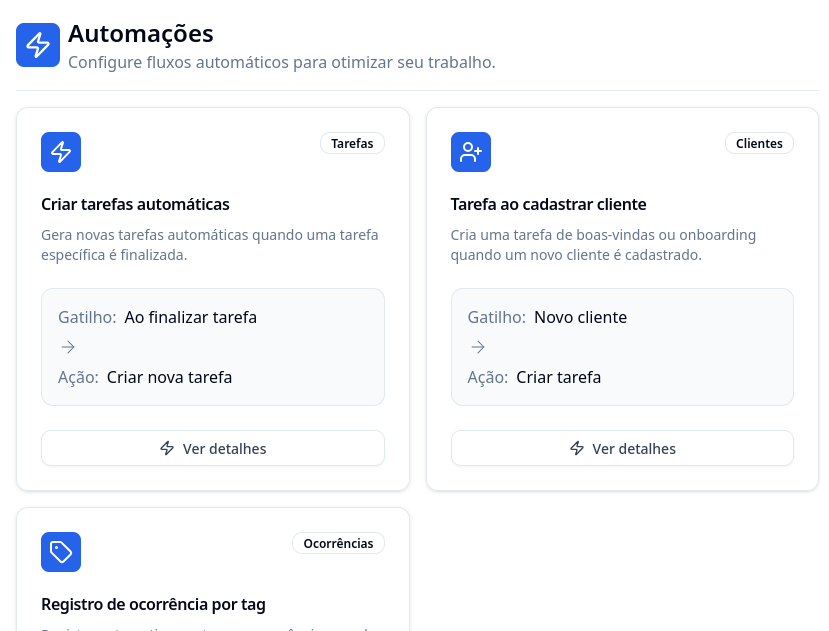Pagina centralizadora das Automações