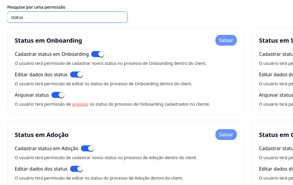 Novas permissões de usuário para status e etapas dos processos